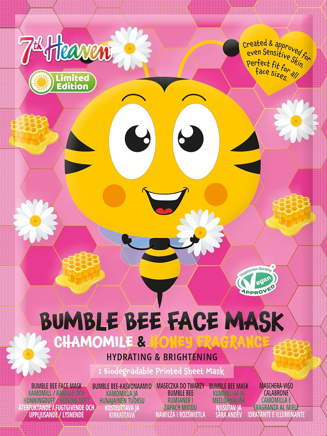 7th Heaven Bumble Bee Sheet Face Mask with Chamomile & Honey - Soothing & Hydrating, Single Pack