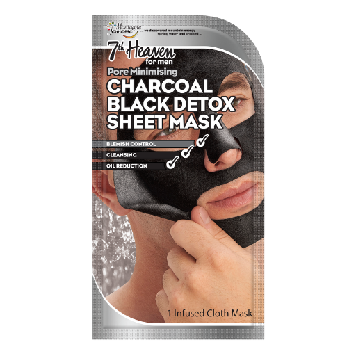7th Heaven Mens Pore Minimising Charcoal Black Detox Sheet Face Mask - Hydrating & Soothing