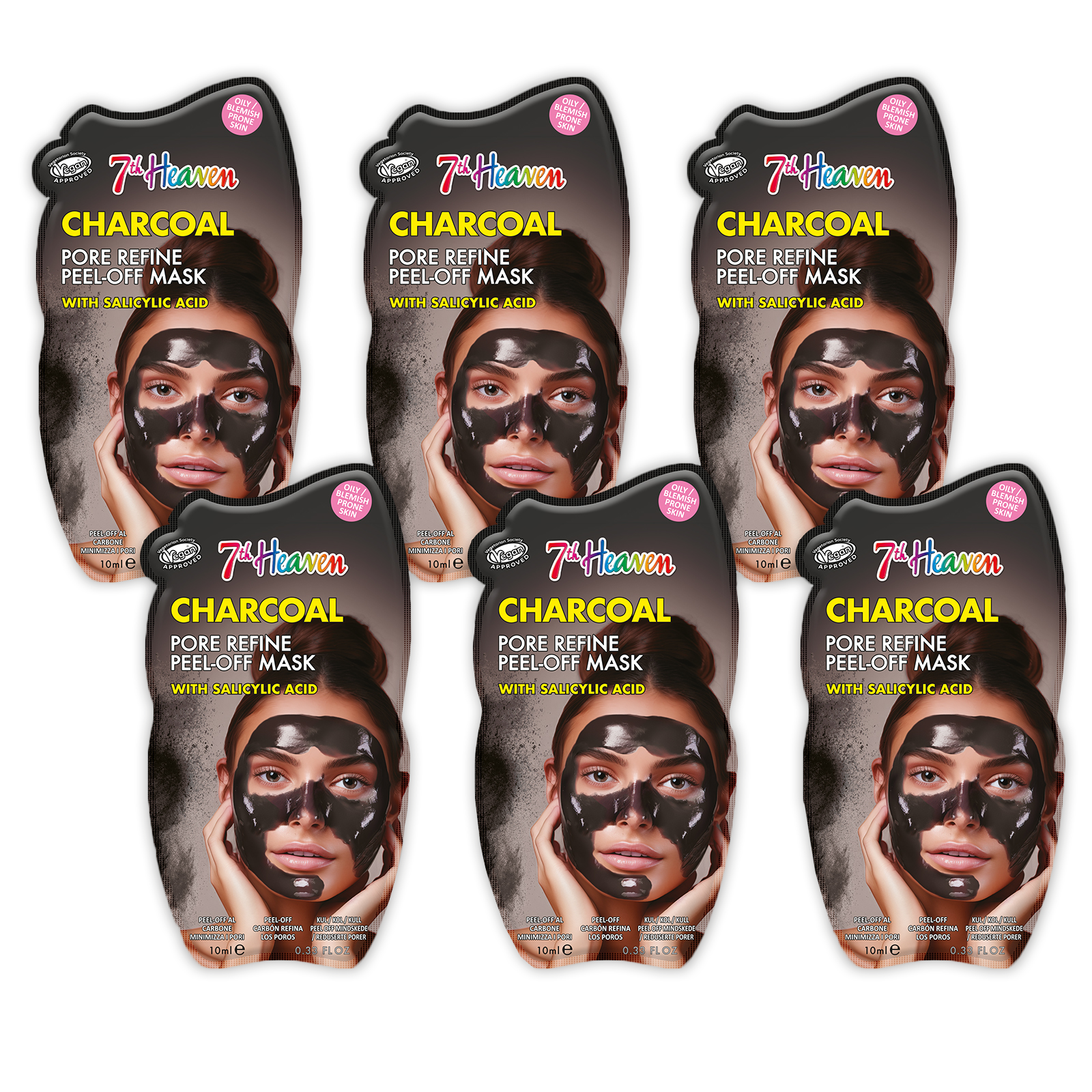 7th Heaven Charcoal Peel-Off Face Mask with Salicylic Acid - Clears & Refines, Pack of 6