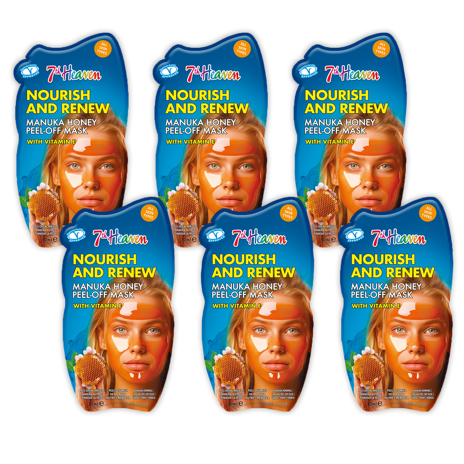 7th Heaven Manuka Honey Peel-Off Mask with Vitamin E - Nourishes & Softens, Pack of 6