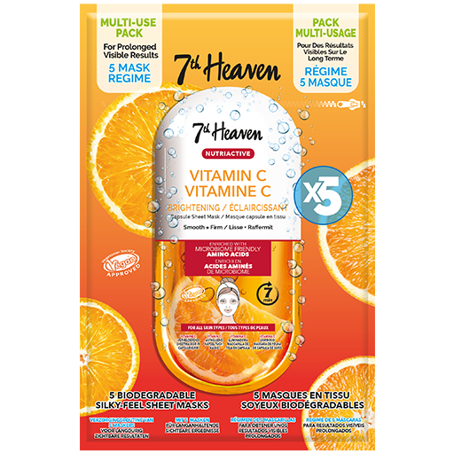 7th Heaven Nutriactives Vitamin C Sheet Mask - Brightens & Rejuvenates, Pack of 5