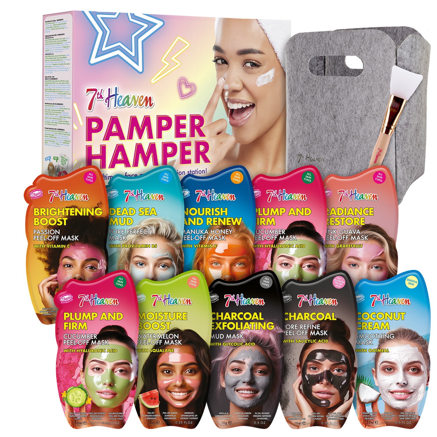 7th Heaven Pamper Hamper – 10 Face Masks with Manuka Honey, Charcoal, Hyaluronic Acid, Cocoa Butter, Vitamin C & Dead Sea Mud