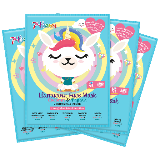 7th Heaven Llamacorn Face Mask with Coconut & Papaya - Moisturises & Calms, Pack of 4