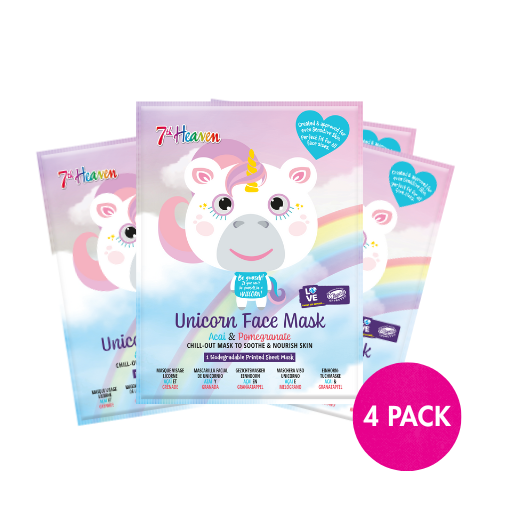 7th Heaven Unicorn Sheet Face Mask with Acai & Pomegranate - Nourishing & Glow-Enhancing, Pack of 4