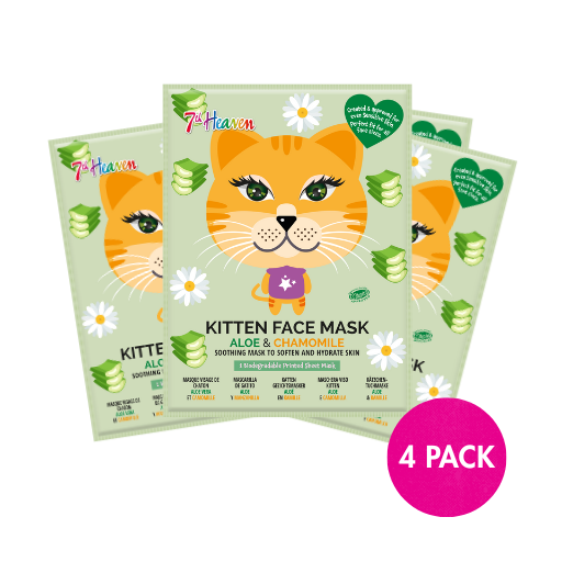 7th Heaven Kitten Sheet Face Mask with Aloe & Chamomile - Calming & Hydrating, Pack of 4