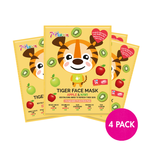 7th Heaven Tiger Sheet Face Mask with Apple & Kiwi - Revitalising & Brightening, Pack of 4