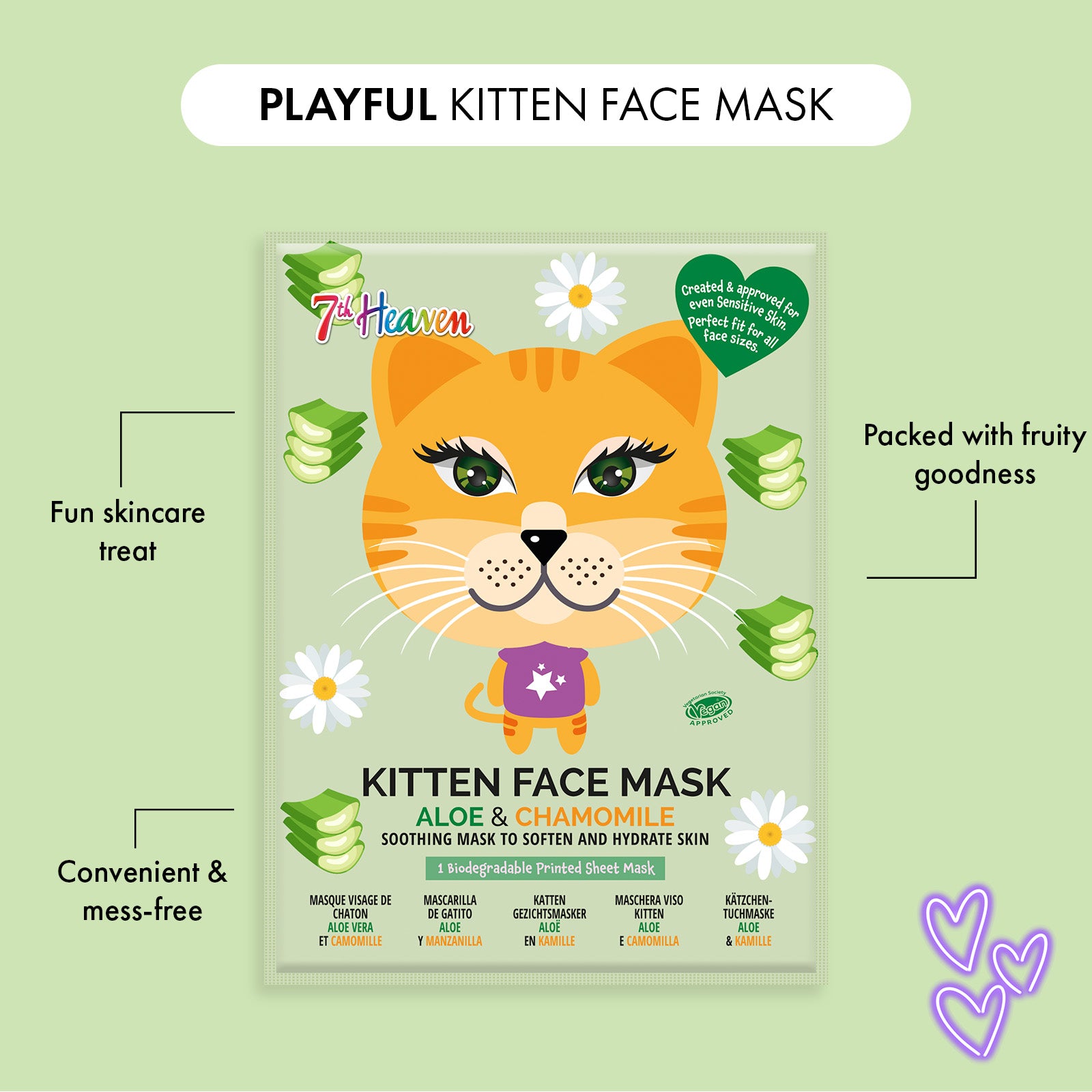 7th Heaven Kitten Sheet Face Mask with Aloe & Chamomile - Calming & Hydrating, Pack of 4