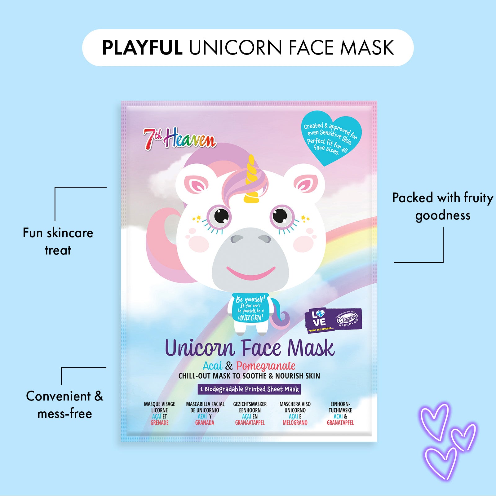 7th Heaven Unicorn Sheet Face Mask with Acai & Pomegranate - Nourishing & Glow-Enhancing, Pack of 4