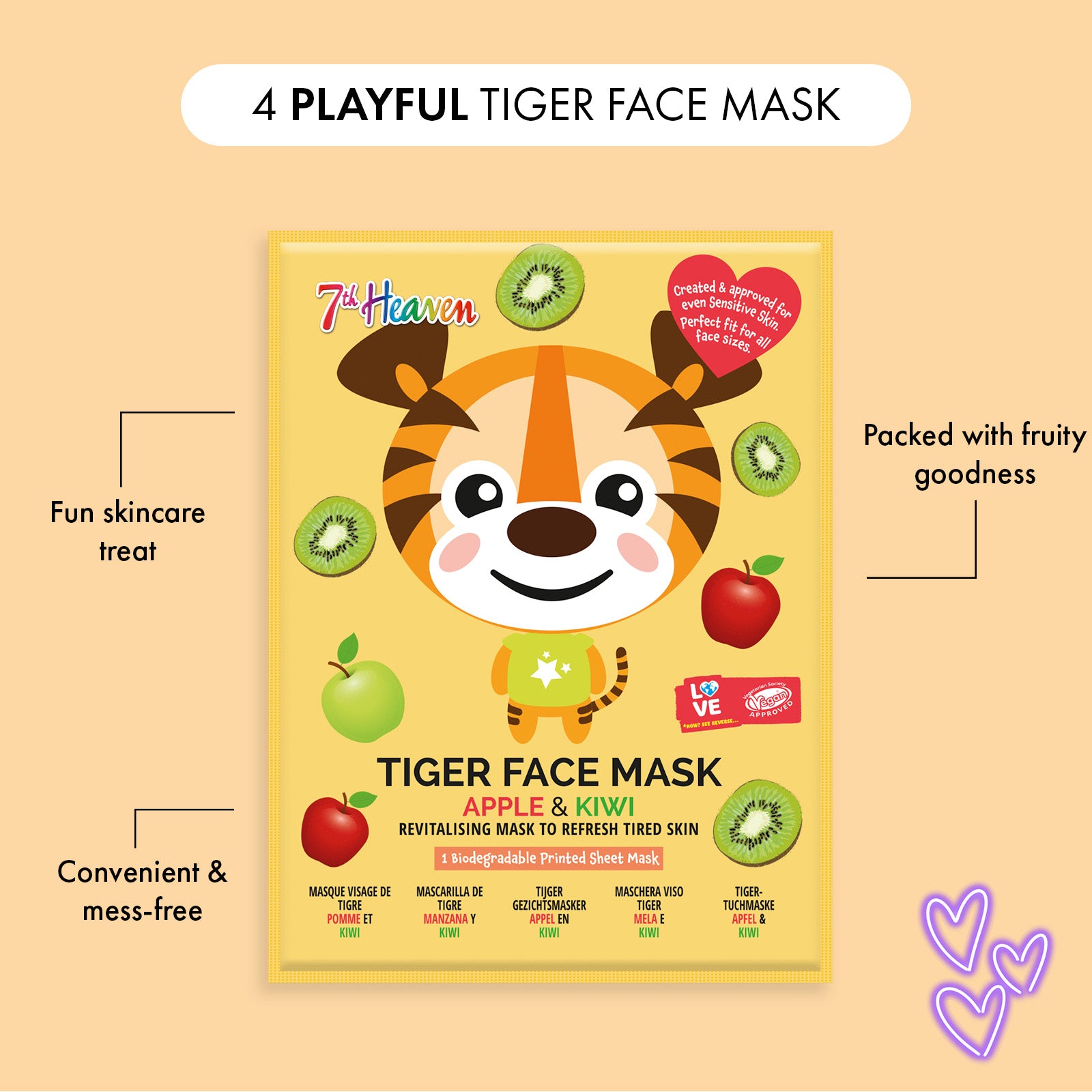 7th Heaven Tiger Sheet Face Mask with Apple & Kiwi - Revitalising & Brightening, Pack of 4