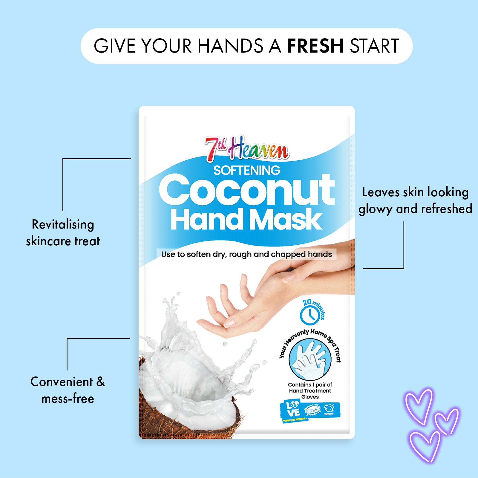 7th Heaven Coconut Hand Mask - Moisturising & Soothing for Dry, Chapped Hands, Pack of 3