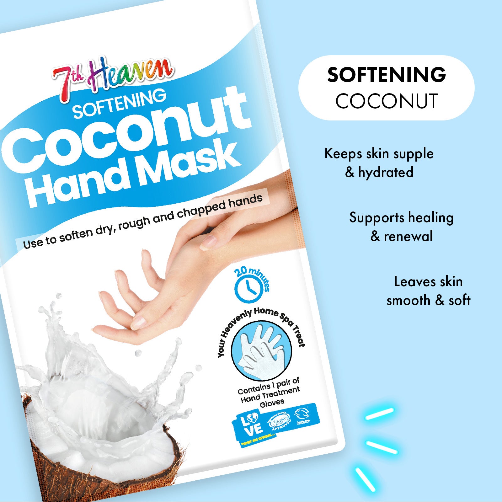 7th Heaven Coconut Hand Mask - Moisturising & Soothing for Dry, Chapped Hands, Pack of 3
