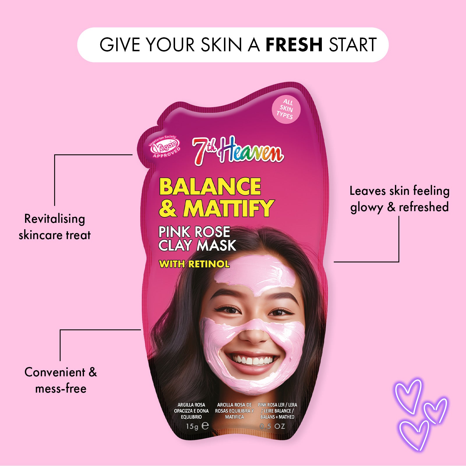 7th Heaven Pink Rose Clay Mask with Retinol - Balances & Mattifies Skin