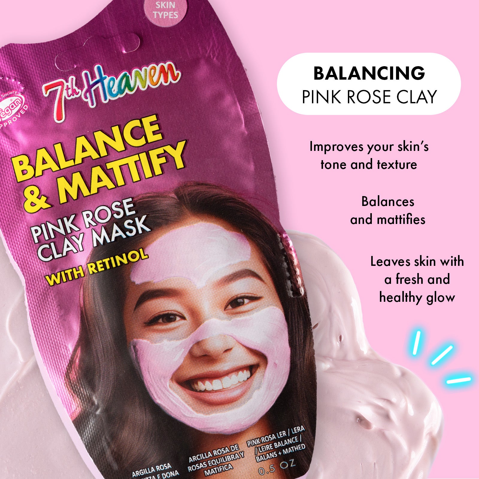7th Heaven Pink Rose Clay Mask with Retinol - Balances & Mattifies Skin
