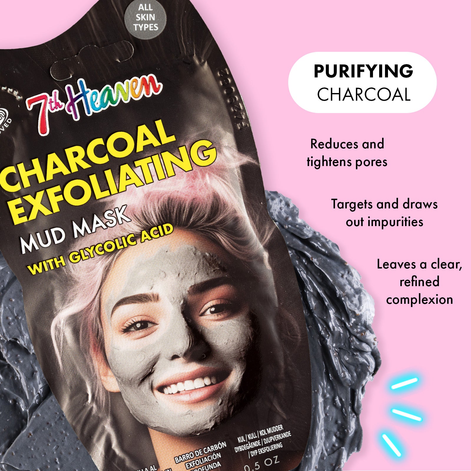 7th Heaven Charcoal Mud Mask with Glycolic Acid - Exfoliates & Detoxifies