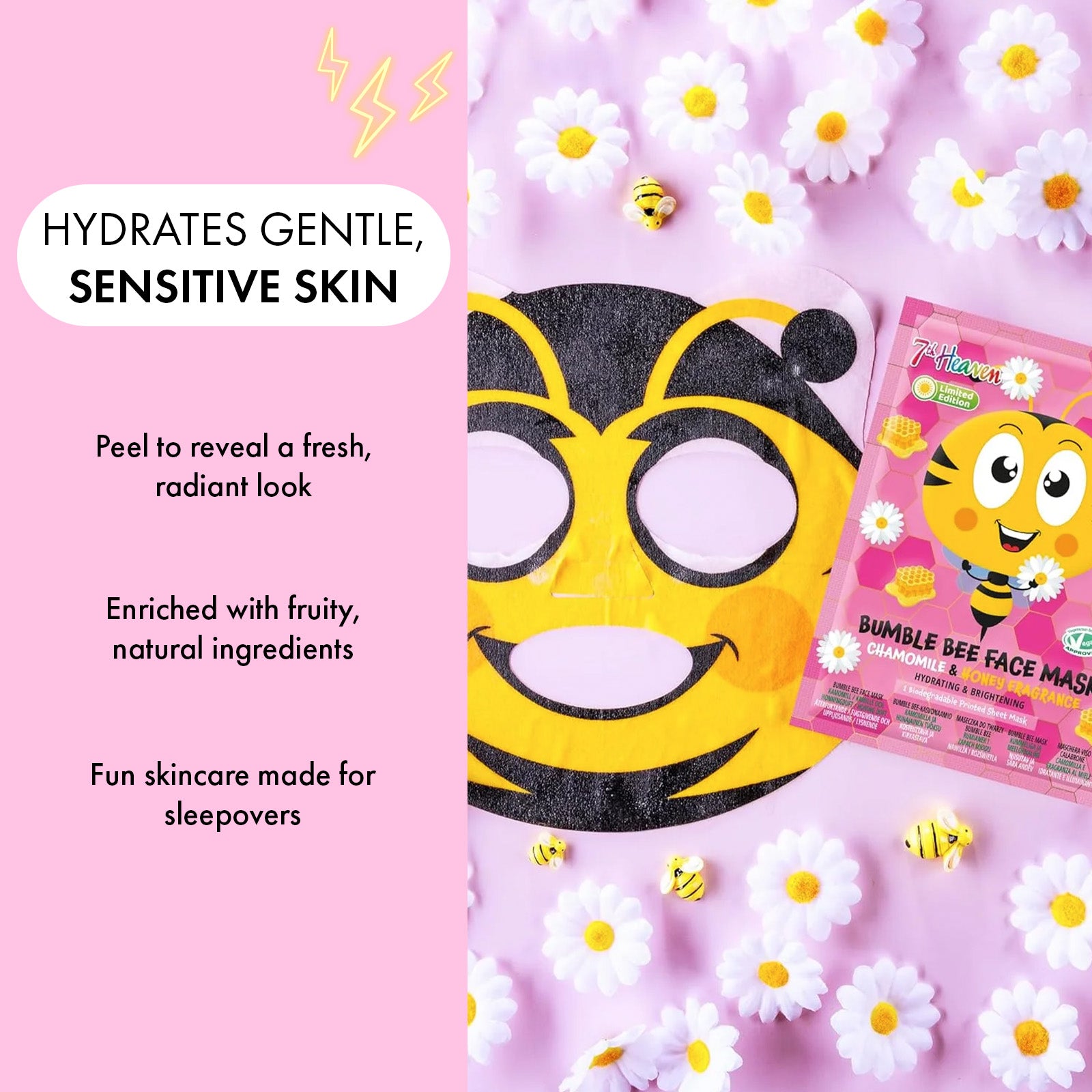 7th Heaven Bumble Bee Sheet Face Mask with Chamomile & Honey - Soothing & Hydrating, Single Pack