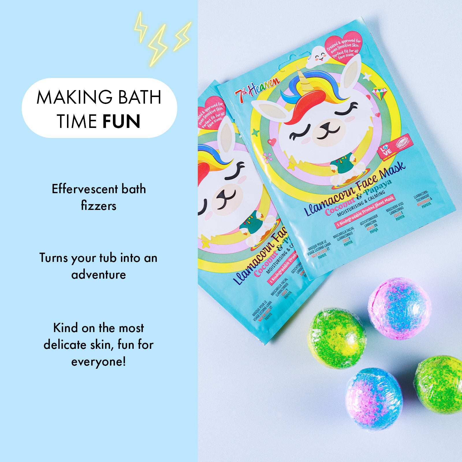7th Heaven Llamacorn Bath Bomb & Face Mask Gift Set - Skin-Softening & Fun-Fizzing Treats